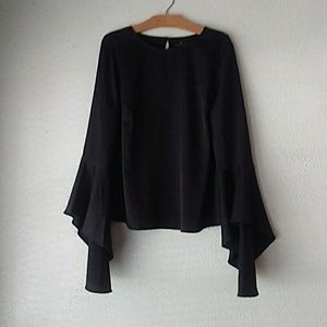 Black satin bell trumpet sleeve blouse